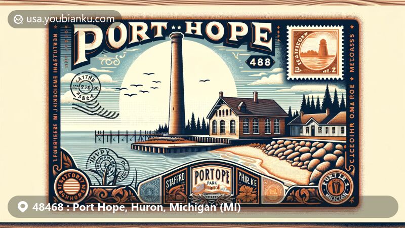 Modern illustration of Port Hope, Michigan, resembling a vintage postcard, with focus on the historic chimney at Stafford Park and the scenic beauty of Lake Huron.