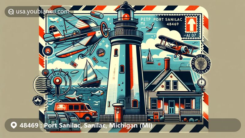 Modern illustration of Port Sanilac, Sanilac, Michigan, depicting the Port Sanilac Lighthouse and Sanilac County Underwater Preserve, set against a stylized airmail envelope background with vintage stamps and postal icons.