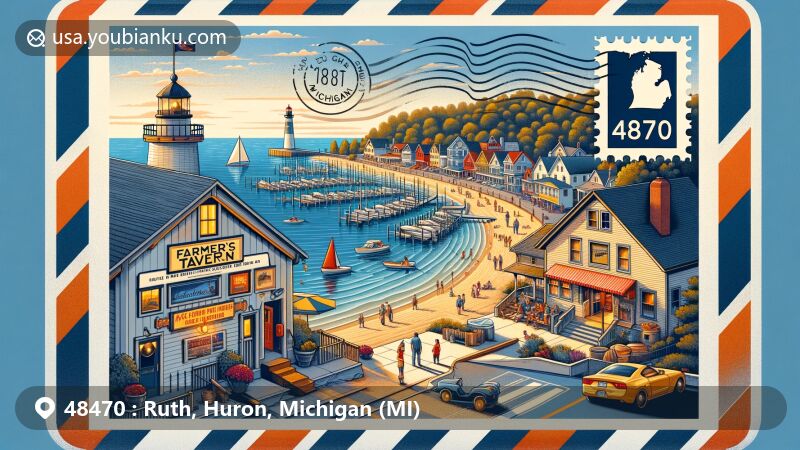 Modern illustration of Ruth, Huron County, Michigan, resembling an open air mail envelope, featuring Lake Huron's beauty, Farmer's Tavern in Ruth, postal elements with Michigan State flag, and vibrant coastal scenes.
