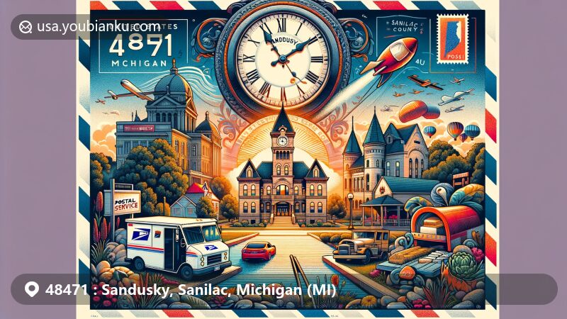 Modern illustration of Sandusky, Michigan, featuring vibrant street clock from Sanilac County Courthouse lawn, scenic landscapes, architectural elements, and Michigan's seasonal contrasts.