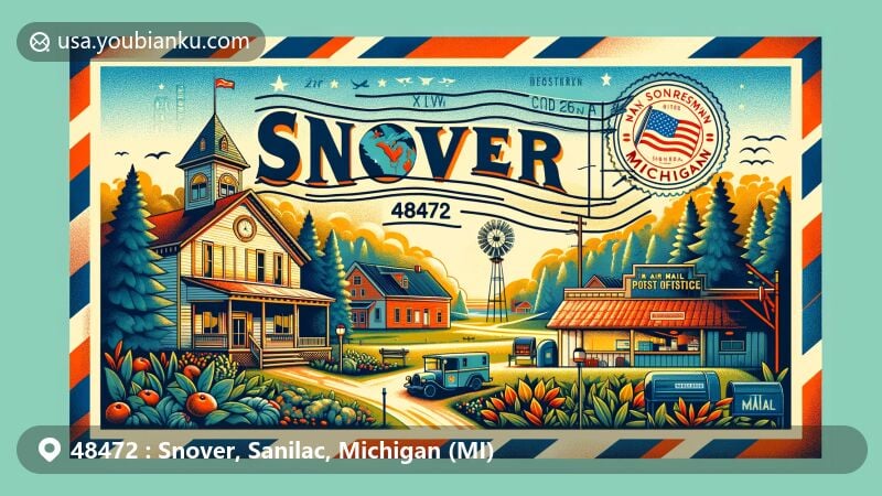 Modern illustration of Snover, Michigan, combining postal themes with rural landscape and historical buildings, highlighting the town's small-town ambiance and past prosperity, surrounded by Michigan's natural beauty.