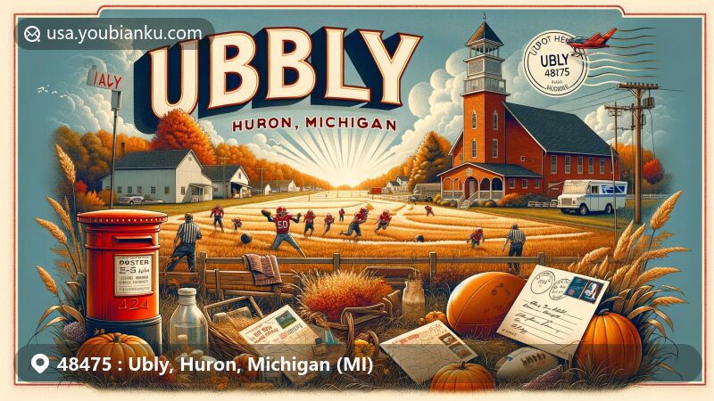 Modern illustration of Ubly, Huron, Michigan, blending postal elements with rural charm and agricultural heritage, highlighting ZIP code 48475 and community spirit.