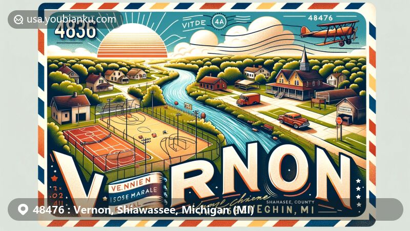 Modern illustration of Vernon, Shiawassee County, Michigan, showcasing postal theme with ZIP code 48476, featuring serene parks, sports courts, Shiawassee River, and vintage postal elements.