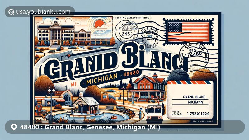 Modern illustration of Grand Blanc, Michigan, showcasing postal theme with ZIP Code 48480, featuring key landmarks, parks, library, and airmail envelope design with artistic postal stamp of Michigan state flag, reflecting suburban feel and community vibe.