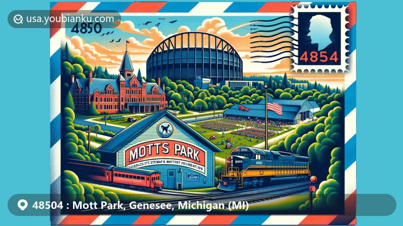 Modern illustration of Mott Park, Genesee, Michigan, featuring scenic view, Atwood Stadium, Mott Foundation building, Crossroads Village & Huckleberry Railroad, and Michigan state flag stamp.
