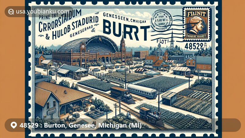 Modern illustration of Burton, Genesee County, Michigan, featuring Atwood Stadium, Crossroads Village & Huckleberry Railroad, and Flint Farmers' Market, with vintage postcard design and Michigan state flag stamp.