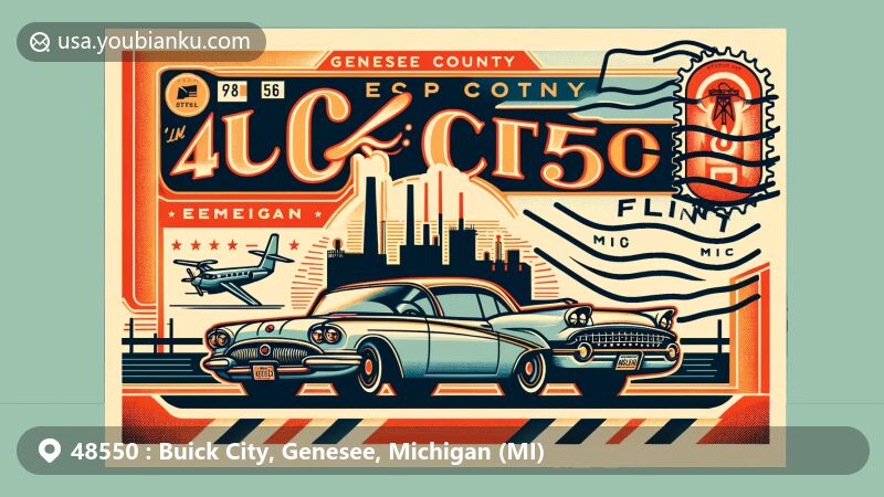 Modern illustration of Buick City, Genesee County, Michigan, representing ZIP code 48550 with vintage Pontiac Bonneville and Buick LeSabre, Genesee County outline, and Flint icons on an airmail envelope background.