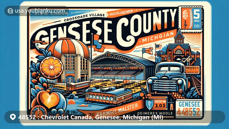 Modern illustration of Genesee County, Michigan postcard, highlighting Atwood Stadium, Crossroads Village, Flint Farmers' Market, and automotive history, with ZIP code 48552 and GM logo.