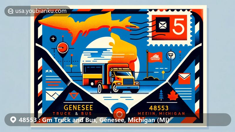 Modern illustration of Gm Truck and Bus, Genesee, Michigan, featuring flag of Michigan, Genesee County outline, symbols of GM Truck and Bus, and a lake representing the Great Lakes connection.