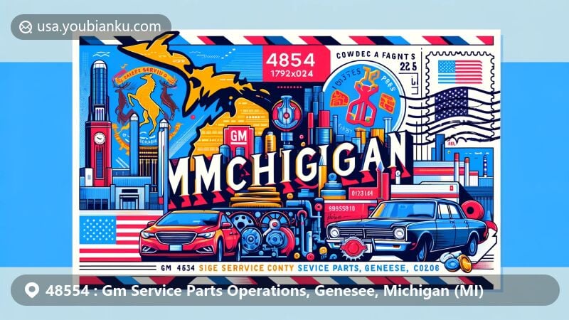 Modern illustration of GM Service Parts Operations in Genesee County, Michigan, with a postal theme highlighting ZIP code 48554, featuring state flag and automotive industry symbols.
