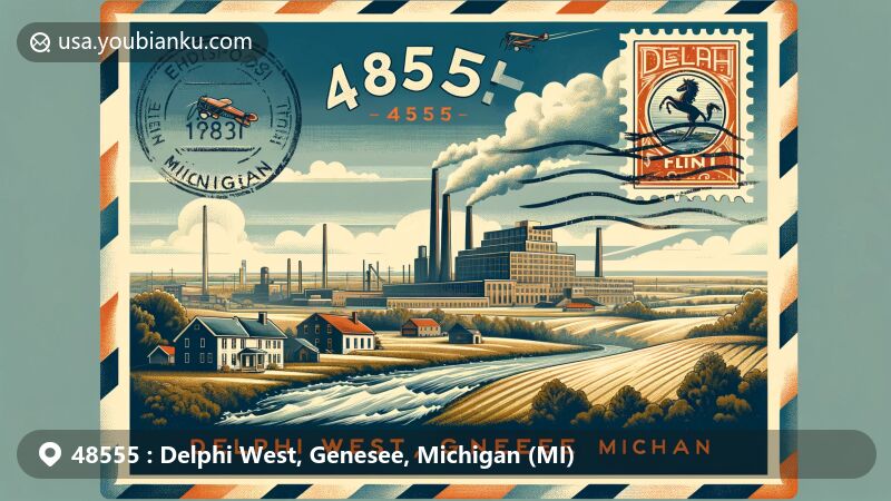 Modern illustration of Delphi West, Genesee County, Michigan, capturing postal theme with ZIP code 48555, featuring Delphi Flint West factory and Crossroads Village.
