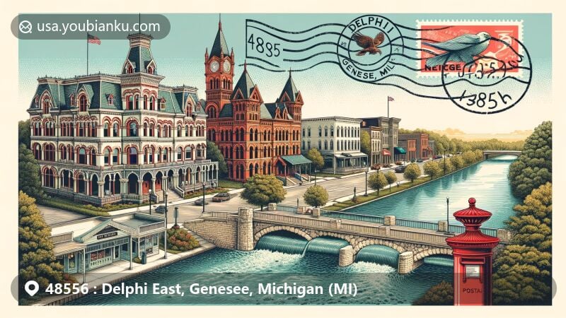 Modern illustration of Delphi East, Genesee County, Michigan, blending historical architecture with contemporary postal theme and zip code 48556, showcasing the East Genesee Historic Business District.