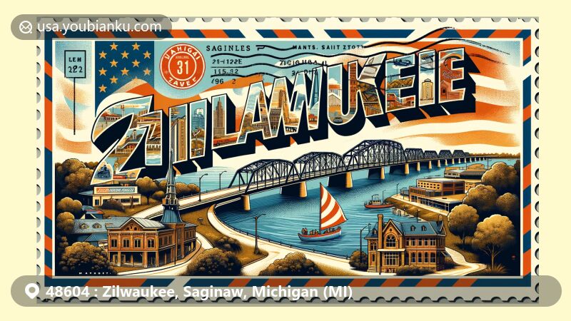 Modern illustration of Zilwaukee, Saginaw County, Michigan, with a creative postal theme and vibrant colors, featuring Zilwaukee Bridge, Michigan state flag, and vintage postage elements.