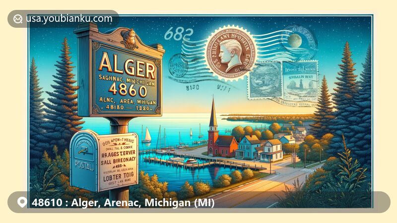 Modern illustration of Alger area in Arenac County, Michigan, showing Saginaw Bay on Lake Huron backdrop, classic mailbox with ZIP code 48610, historical marker, day to night sky transition, postage stamp, and postmark.
