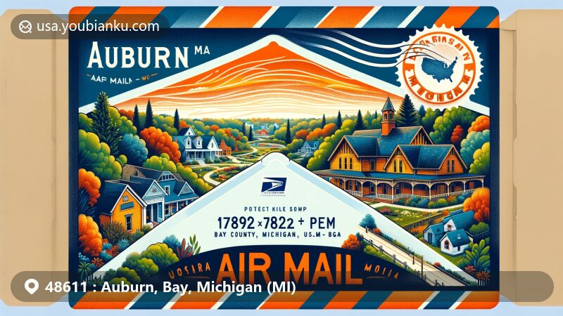Modern illustration of Auburn, Bay County, Michigan, embodying suburban charm with traditional homes, lush greenery, and a post office inside an airmail envelope.