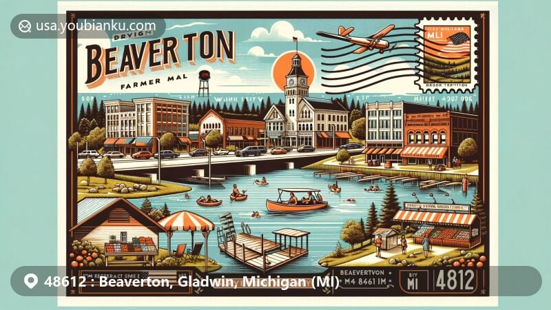 Modern illustration of Beaverton, Michigan, showcasing downtown charm and community spirit, featuring Beaverton Farmers Market, local parks, and ZIP code 48612, within Gladwin County.