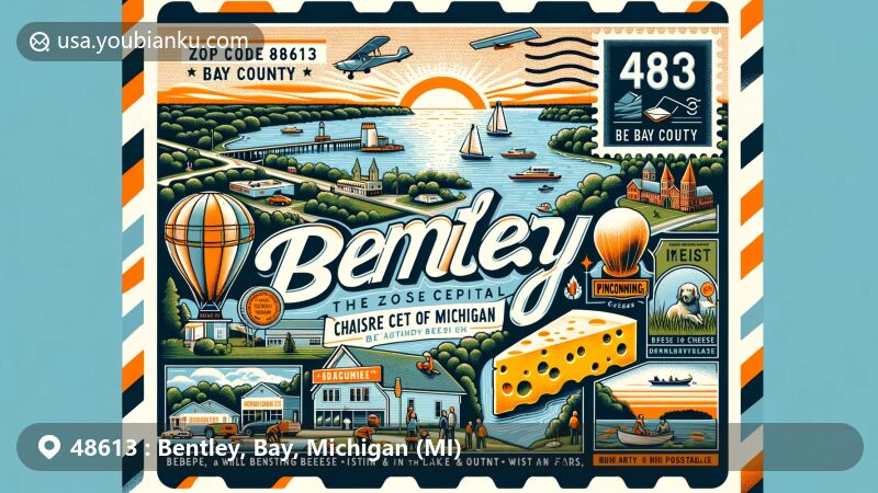 Modern illustration of Bentley, Bay County, Michigan, emphasizing the ZIP code 48613 and its connection to Pinconning cheese, 'The Cheese Capital of Michigan', with elements of community spirit, outdoor cinema, farms, and local landmarks.
