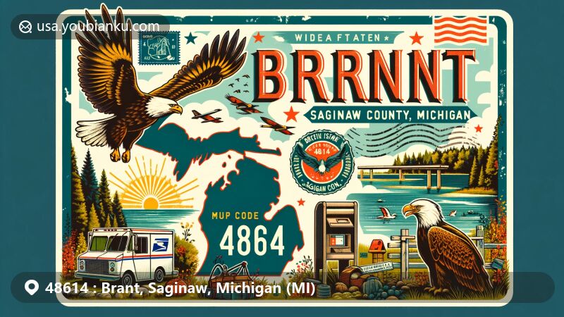 Modern illustration of Brant, Saginaw County, Michigan, showcasing postal theme with ZIP code 48614, featuring outdoor activities, wildlife, and Michigan state outline with Brant's location marked by a star.