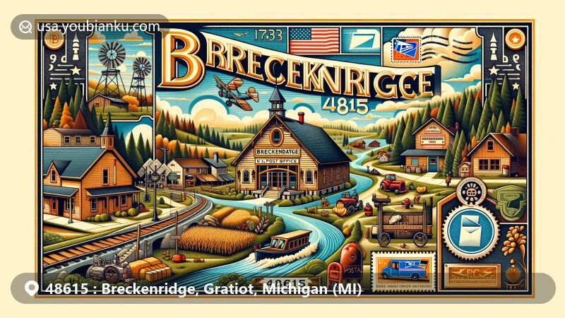 Modern illustration of Breckenridge, Michigan, cleverly incorporating postal elements and historic landmarks with ZIP code 48615, featuring the U.S. Post Office and Pere Marquette Railroad tracks.