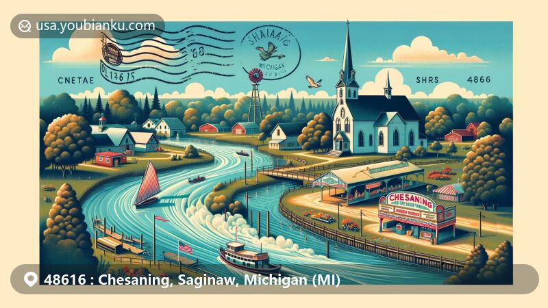 Modern illustration of Chesaning, Michigan, capturing local landmarks and attractions such as Chesaning Area Historical Museum, Saginaw County Fair, and the iconic Showboat. Postal theme with ZIP code 48616 and natural beauty of Shiawassee River.