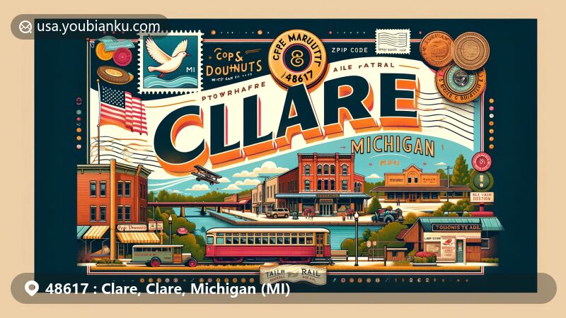 Creative illustration of Clare, Michigan, 48617, showcasing downtown area, Cops & Doughnuts bakery, Tobacco River, Lake Shamrock, and Pere Marquette Rail-Trail, with vintage postal elements like Michigan stamp and postmark.