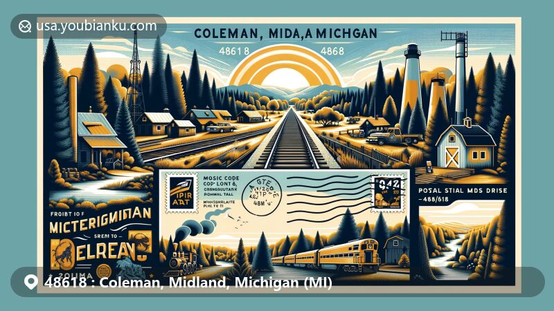 Modern illustration of Coleman area, Midland, Michigan, with ZIP code 48618, blending regional characteristics with postal elements, showcasing natural beauty and community landmarks.