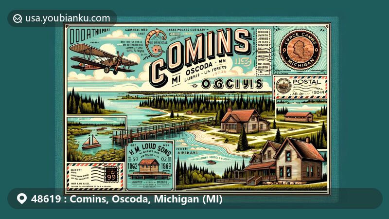 Modern illustration of Comins, Oscoda County, Michigan, featuring natural beauty with lakes and forests, highlighting area's history with lumber industry and railroad by H.M. Loud & Sons Lumber Company, set against a vintage postal theme with ZIP code 48619.