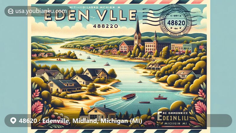 A vibrant and modern illustration of Hogtown, Crawford County, Indiana, highlighting a postal theme with ZIP code 47140, featuring prominent landmarks like Marengo Cave and Indiana state symbols.