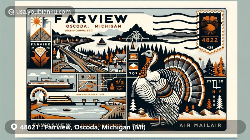 Modern illustration of Fairview, Oscoda, Michigan, showcasing postal theme with ZIP code 48621, highlighting the wild turkey capital status and key local attractions like Huron National Forest and Au Sable River.