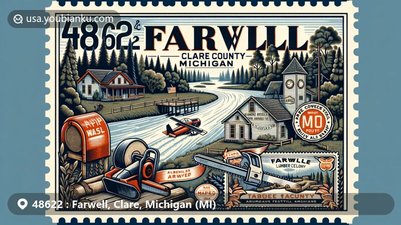 Modern illustration of Farwell, Clare County, Michigan, showcasing postal theme with ZIP code 48622, featuring the Tobacco River, George and Martha Hitchcock House, and Farwell Lumberjack Festival elements like chainsaw carvings and Demolition Derby, set against Michigan's scenic backdrop.