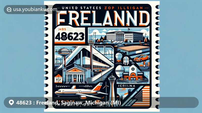 Modern illustration of Freeland area in Saginaw County, Michigan, showcasing postal theme with ZIP code 48623, featuring iconic landmarks like Saginaw Correctional Facility and MBS International Airport.
