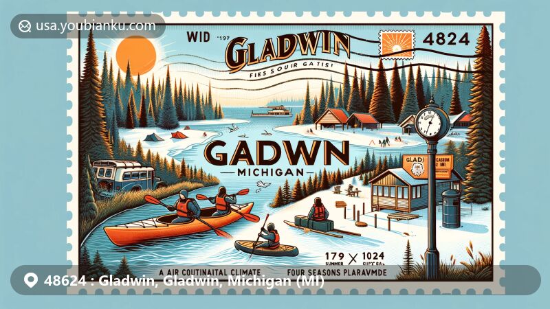 Modern illustration of Gladwin, Michigan, showcasing diverse climate with warm summers, cold winters, and outdoor activities like kayaking and snowshoeing, featuring vintage postal elements with ZIP code 48624.