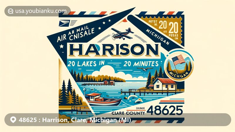 Modern illustration of Harrison, Clare County, Michigan, highlighting ZIP code 48625 and local elements including Budd Lake, '20 Lakes in 20 Minutes' motto, Clare County map outline, and vintage postage stamp representing Michigan.