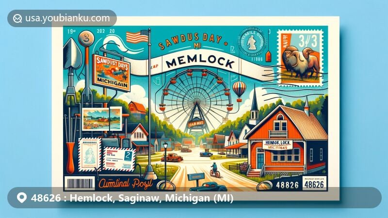 Modern illustration of Hemlock, Michigan, with ZIP code 48626, resembling a postcard design and highlighting the Sawdust Days festival, a symbol of the town's annual celebrations, along with postal elements like stamps and a postmark 'Hemlock, MI 48626', depicting the charming countryside of Hemlock.