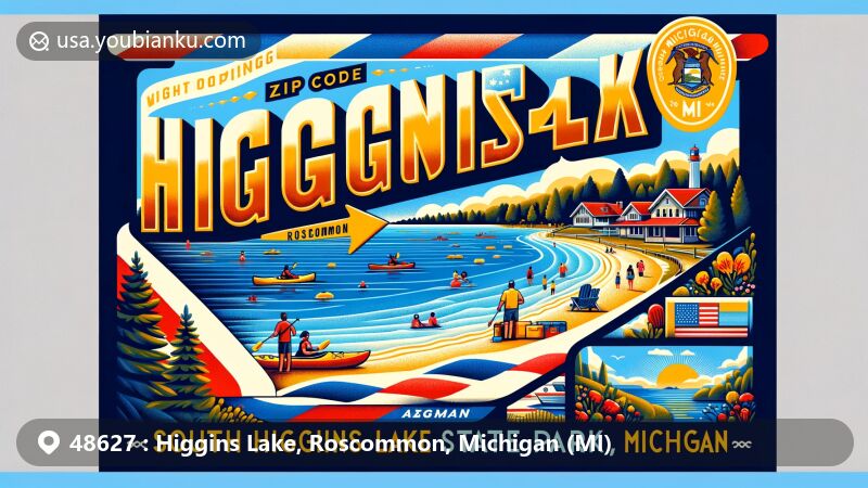 Vivid depiction of ZIP code 48627 in Higgins Lake, Roscommon, Michigan, featuring recreational activities like kayaking and fishing, along with Michigan state flag.