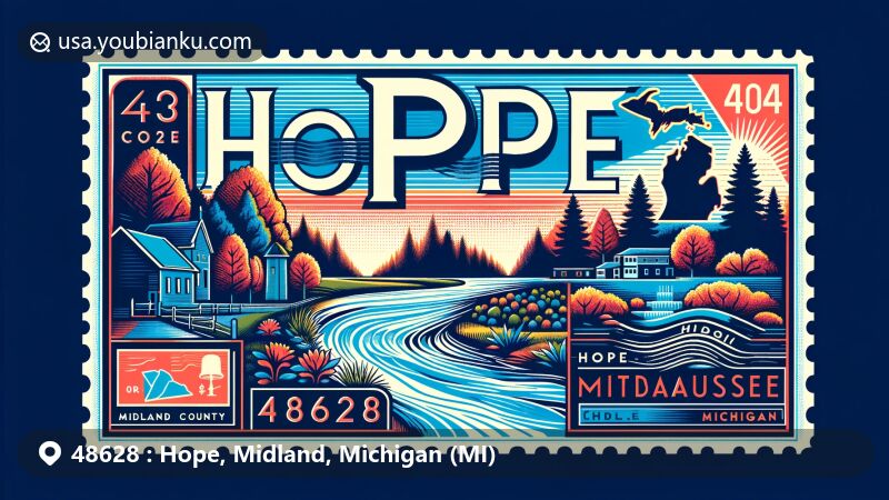 Modern illustration of Hope area in Midland County, Michigan, highlighting ZIP Code 48628, showcasing Tittabawassee River and local symbols, blending natural beauty with postal theme.