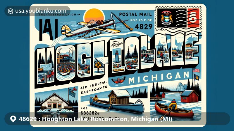 Modern illustration of Houghton Lake, Michigan, with ZIP code 48629, capturing the essence of the largest inland lake in the state known for resorts and fishing, featuring winter festival Tip-Up-Town USA and historical lumber industry nods.