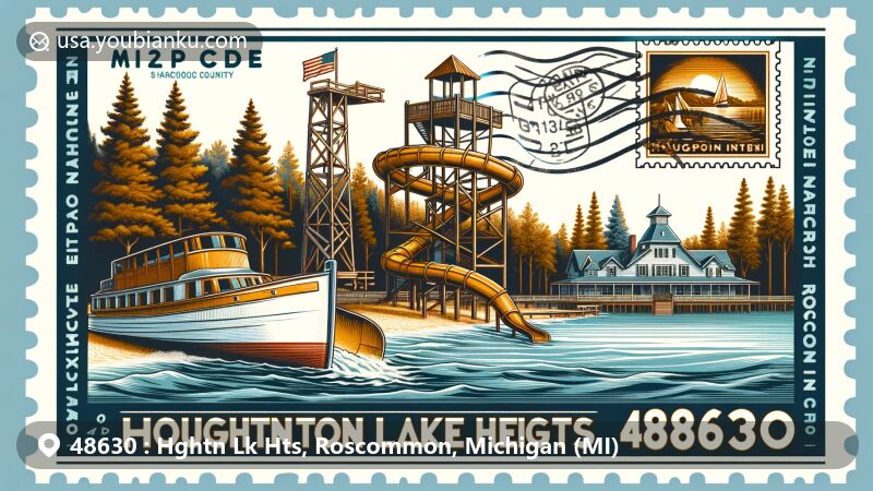 Modern illustration of Houghton Lake Heights, Roscommon County, Michigan, inspired by early to mid-20th century community elements and natural beauty of western shores of Houghton Lake, featuring vintage boat, waterslide, and Heights Inn.