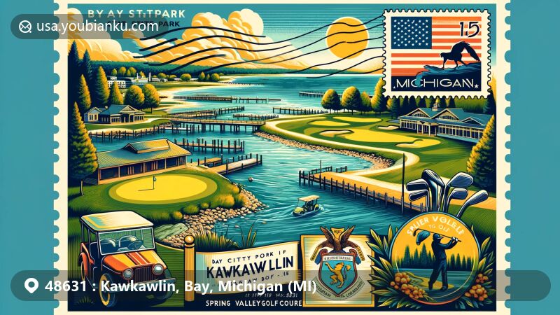 Modern illustration of Kawkawlin, Michigan, highlighting postal theme with ZIP code 48631, featuring Bay City State Park and Spring Valley Golf Course.