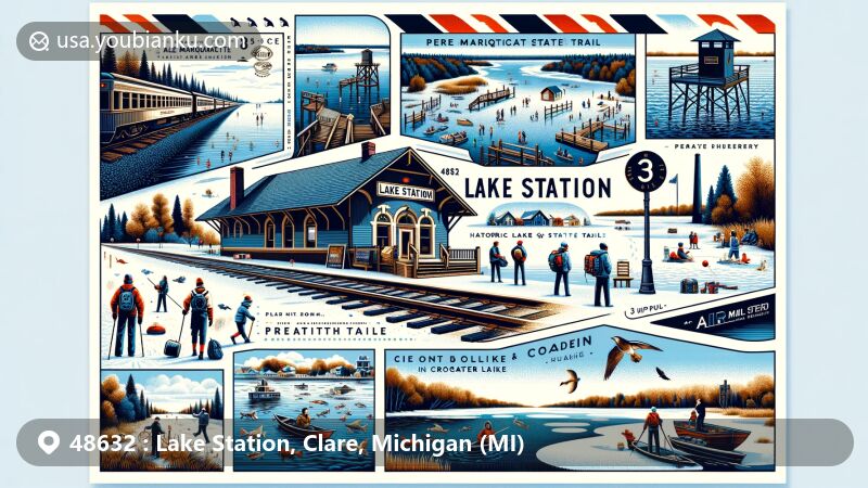 Modern illustration of Lake Station, Michigan, focusing on ZIP code 48632, featuring Pere Marquette State Trail, Perch Lake, Crooked Lake, historic train depot turned museum with coaling tower, summer water activities, winter ice fishing shanties, and Eight Point Lake, capturing the area's seasonal charm.