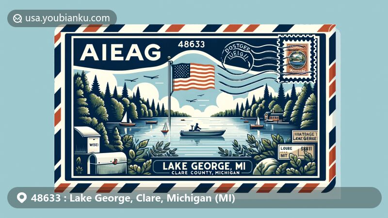 Modern illustration of Lake George area in Clare County, Michigan, featuring airmail envelope theme with scenic lake and forest landscape, showcasing recreational activities like boating and swimming, complemented by Michigan flag stamp and postal elements.