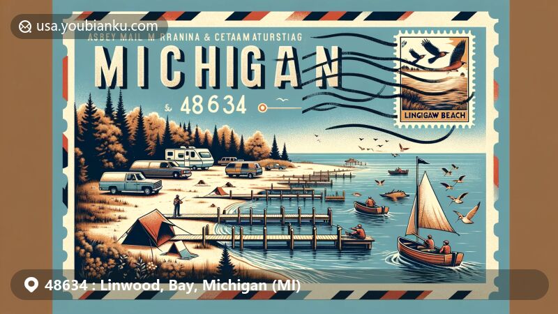 Modern illustration of Linwood, Michigan (ZIP code 48634), showcasing Saginaw Bay's scenic landscape and local fishing activities, incorporating postal theme with a stylized air mail envelope and Michigan state symbols.