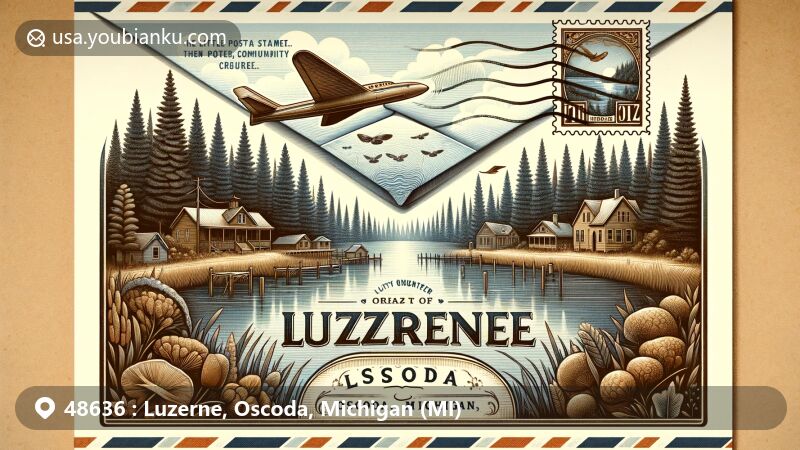 Modern illustration of Luzerne, Oscoda County, Michigan, featuring airmail envelope with Huron National Forest, Luzerne Pond, community depiction, and Michigan state flag stamp.
