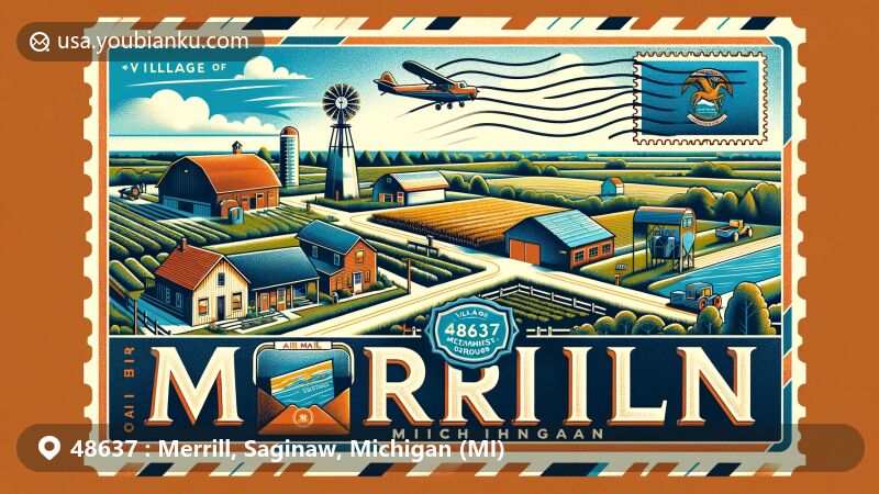 Modern illustration of Merrill, Michigan, showcasing postal theme with ZIP code 48637, featuring Saginaw County landscapes, local post office, and Merrill Technologies Group.