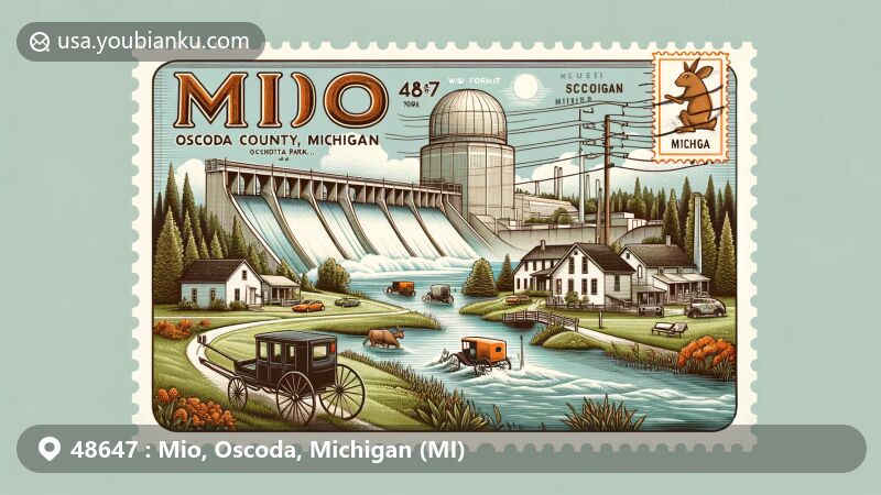 Modern illustration of Mio, Oscoda County, Michigan, with ZIP code 48647, showcasing the Mio Hydroelectric Plant, Oscoda County Park, Amish heritage, and postal elements in a vibrant postcard design.