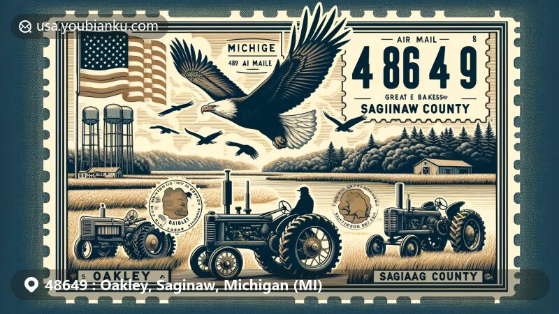 Modern illustration of Oakley, Saginaw County, Michigan, with a postal envelope design showcasing Michigan's state symbols, Saginaw County silhouette, antique tractor, and bald eagles, against the backdrop of the Great Lakes Bay Region.