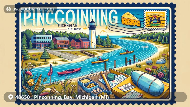 Modern illustration of Pinconning, Michigan, showcasing famous Pinconning cheese and natural beauty, integrating postal theme with ZIP code 48650, featuring Pinconning Park and Michigan state flag.