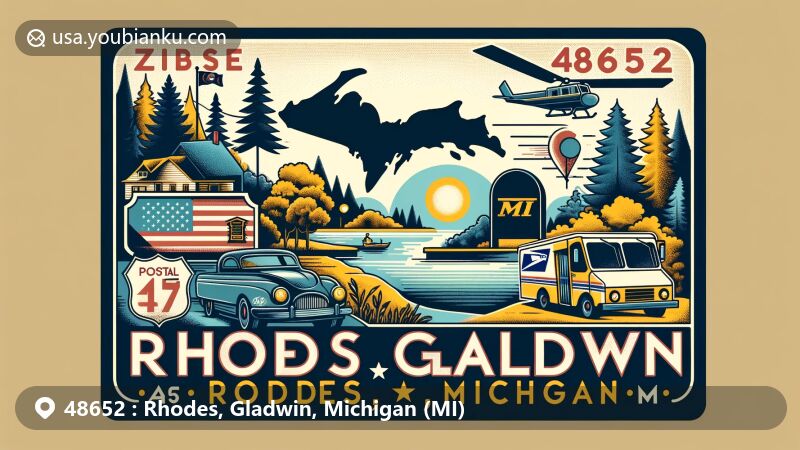 Modern illustration of Rhodes, Gladwin, Michigan, ZIP code 48652, showcasing state flag, Gladwin County silhouette, trees, lakes, and postal symbols like postcard, stamp, postal truck, and mailbox.