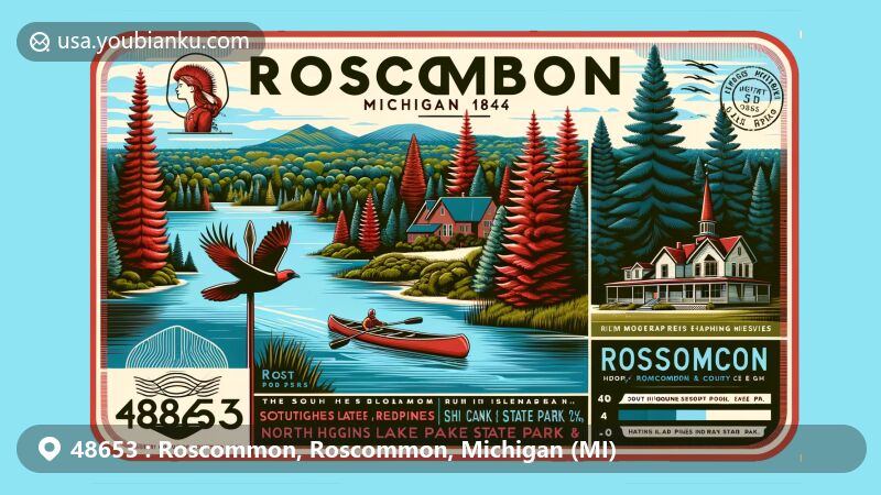 Modern illustration of Roscommon, Michigan, showcasing natural beauty with forests, lakes, and parks like South Higgins Lake State Park, North Higgins Lake State Park, and Hartwick Pines State Park, featuring Roscommon Red Pines and the South Branch of the Au Sable River.