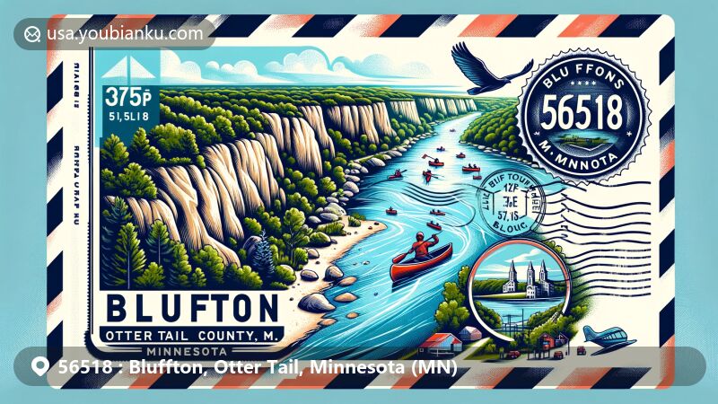 Modern illustration of Breighton, Otter Tail County, Minnesota, showcasing postal theme with ZIP code 56518, featuring scenic views along Leaf River with cliffs, emphasizing natural beauty and outdoor activities like canoeing and hiking. Includes trees, flowing river, and people engaging in outdoor activities.